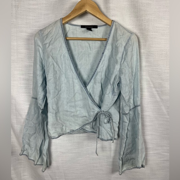 Forever 21 Tops - Y2K Vintage Coquette Wrap Shirt Cropped Long Sleeve Denim Dainty Balletcore Smal